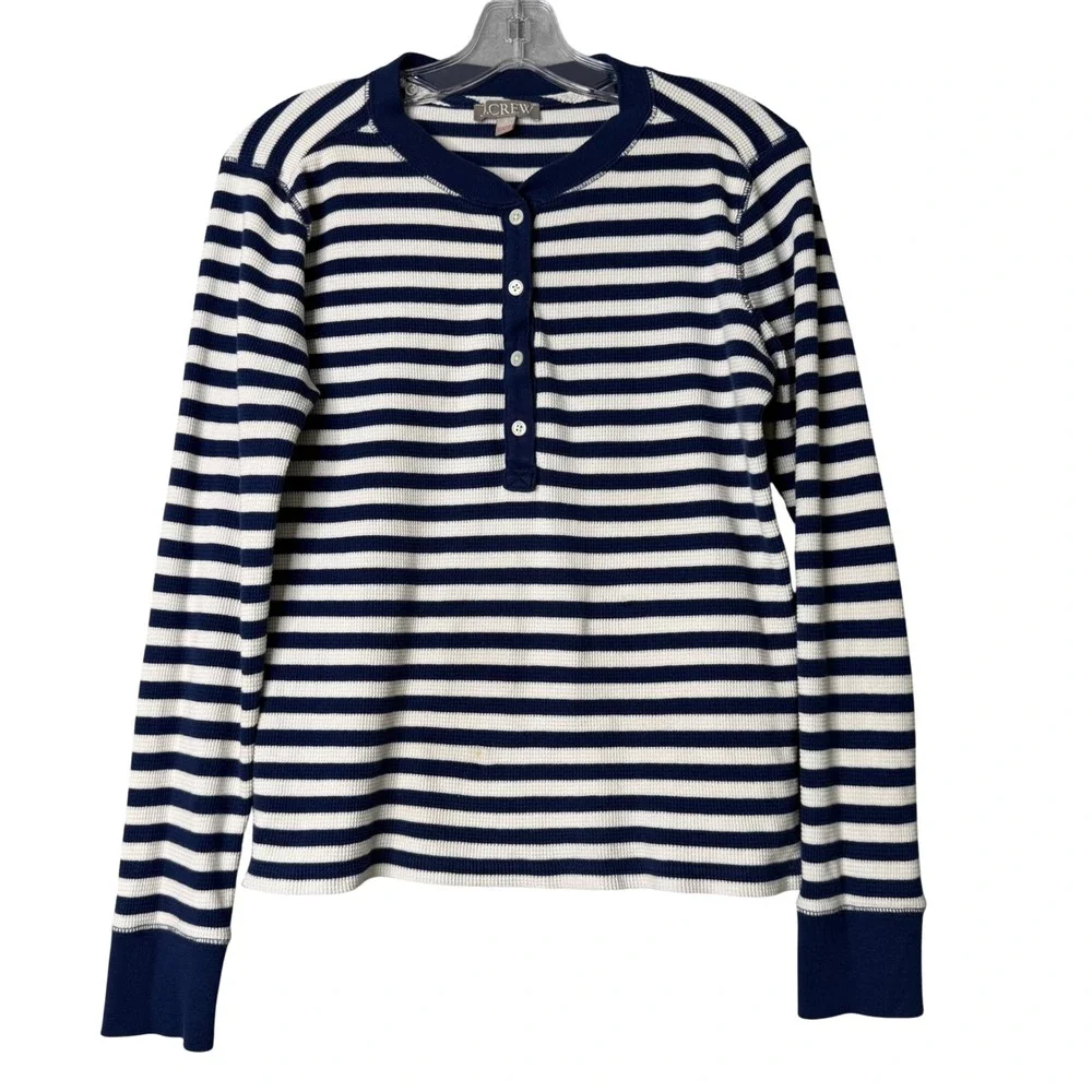 J. Crew Waffle Henley PJ Top Women M Navy Blue Stripe Preppy Classic Long Sleeve